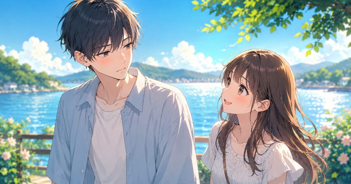 緊張して目を逸らす背の高い青年と笑顔で彼を見つめる若い女性が湖畔で会話をしているアニメ調のイメージ
