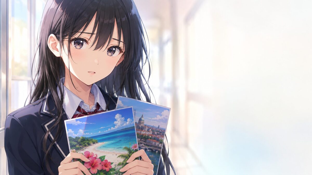 学校の廊下でブレザー制服を着た女子高生が少し戸惑った表情で旅のパンフレットを持っているイメージ