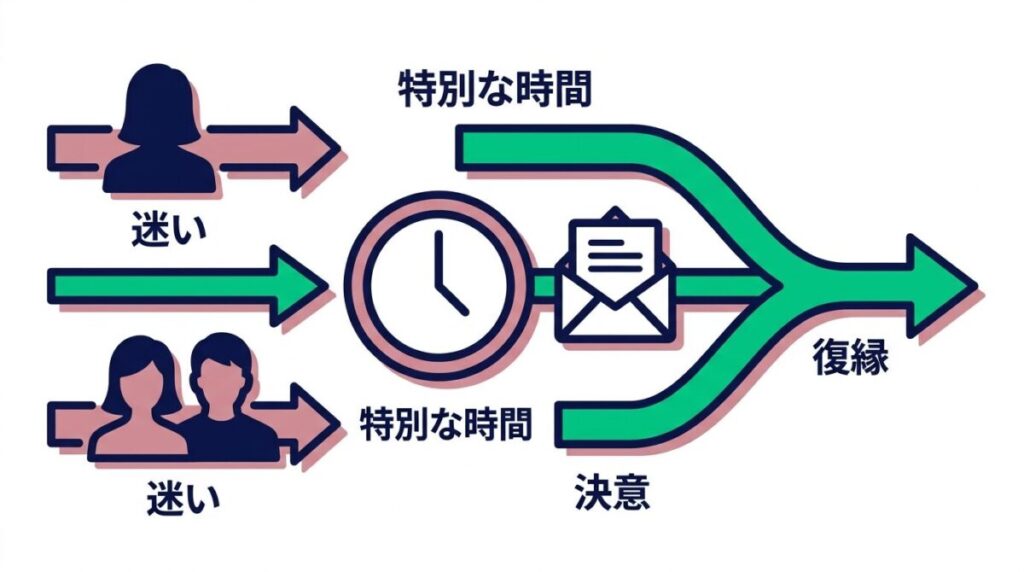 ゆかとキョウスケが時を戻すデートを通じて奇跡の0日婚約を成立させるまでの心の変化と劇的な復縁の時系列を図解で解説。