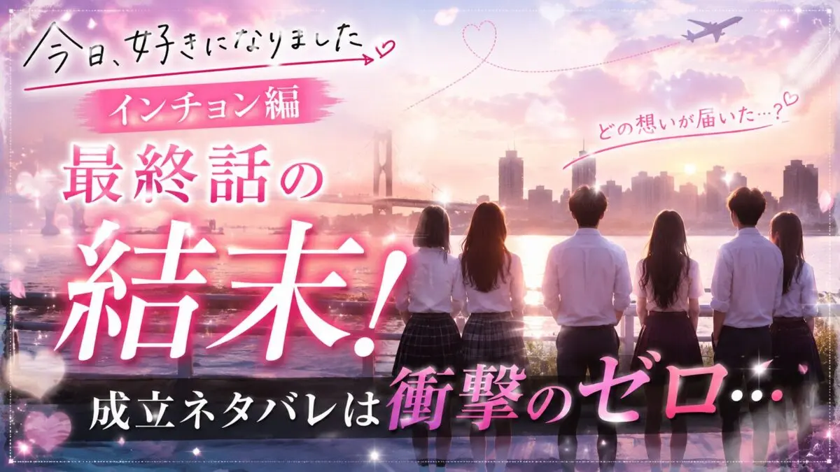 『今日好き インチョン編』最終話の結末と成立ネタバレをテーマに、夕暮れの韓国・仁川の街並みを背景に、恋の結末を見守る参加者のシルエットと「成立ゼロ」の衝撃を表現したアイキャッチ画像。