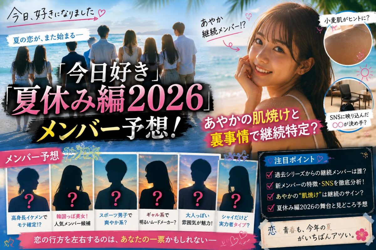 『今日好き 夏休み編2026』のメンバー予想記事用アイキャッチ画像。継続メンバー候補や、あやかの肌焼けと裏事情を手がかりにした考察を、南国リゾートとシルエット演出で表現したデザイン。