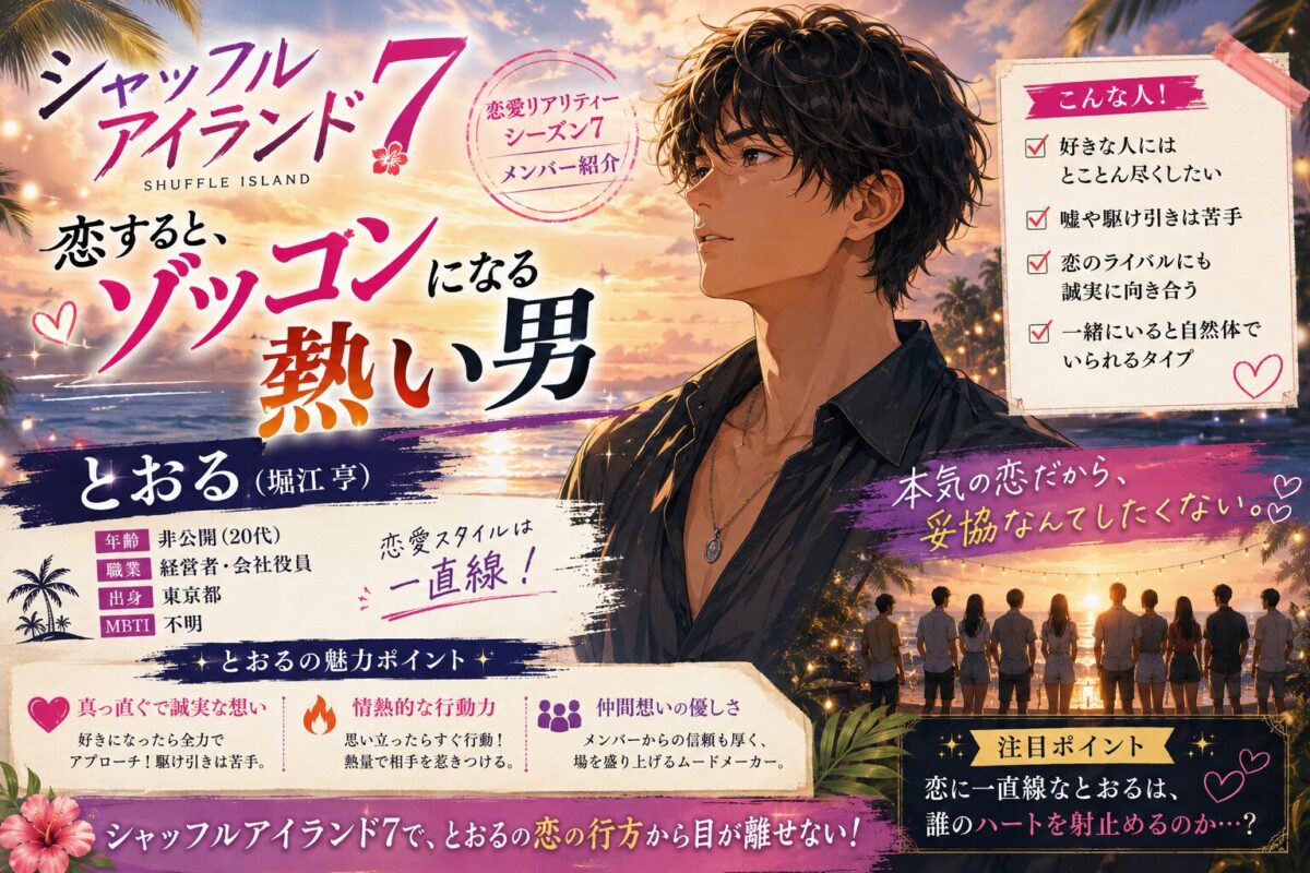 『シャッフルアイランド7』とおる（堀江亨）のプロフィール記事をイメージしたアイキャッチ画像。南国リゾートを背景に、恋をすると一途に夢中になる熱い性格を、セミリアルなイラストタッチで爽やかかつ華やかに表現したデザイン。