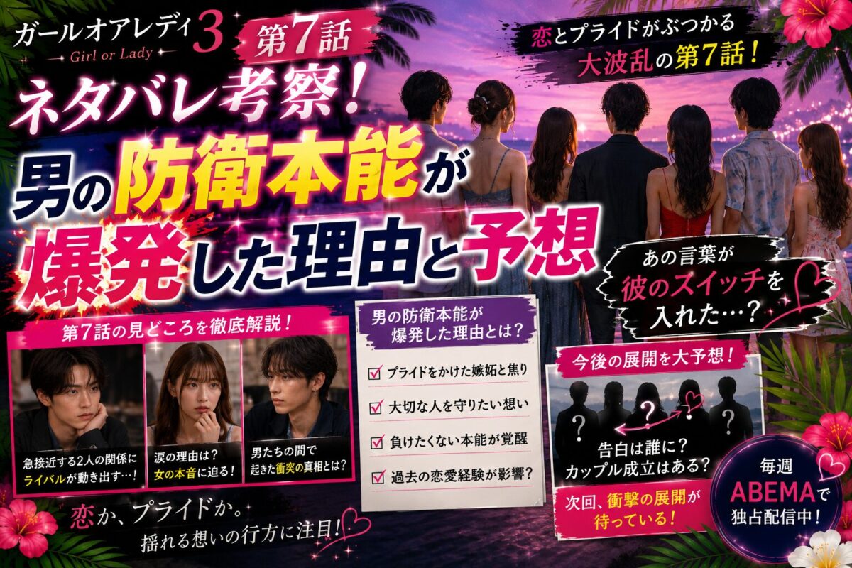 『ガールオアレディ3』第7話のネタバレ考察記事用アイキャッチ画像。男性の防衛本能が爆発した理由や恋愛心理、今後の展開予想をテーマに、恋愛リアリティ番組らしい緊張感とドラマ性を表現したデザイン。