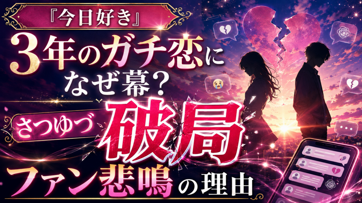 『今日好き』さつゆづ破局にファン悲鳴の理由を扱う記事のアイキャッチ画像。夕焼け空の下で背を向ける男女のシルエットと割れたハートで、3年のガチ恋の終わりを表現したデザイン。