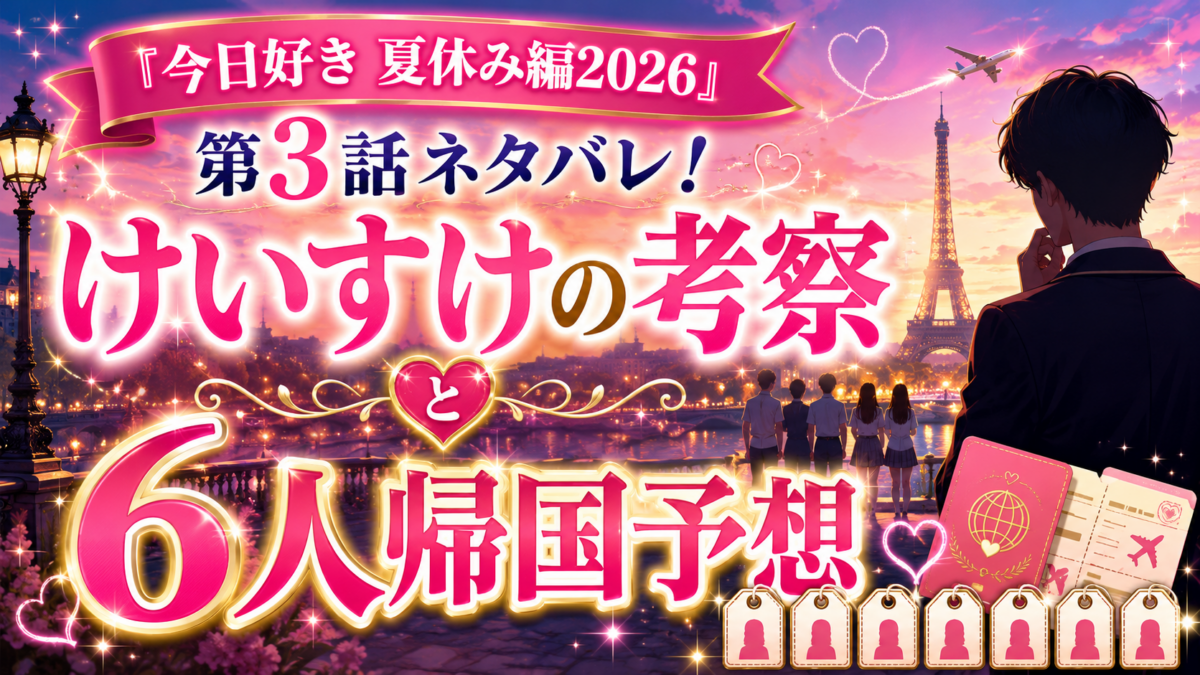 『今日好き 夏休み編2026』第3話のネタバレ記事用アイキャッチ画像。パリの夕景を背景に、けいすけの考察と6人帰国予想を華やかに表現したデザイン。