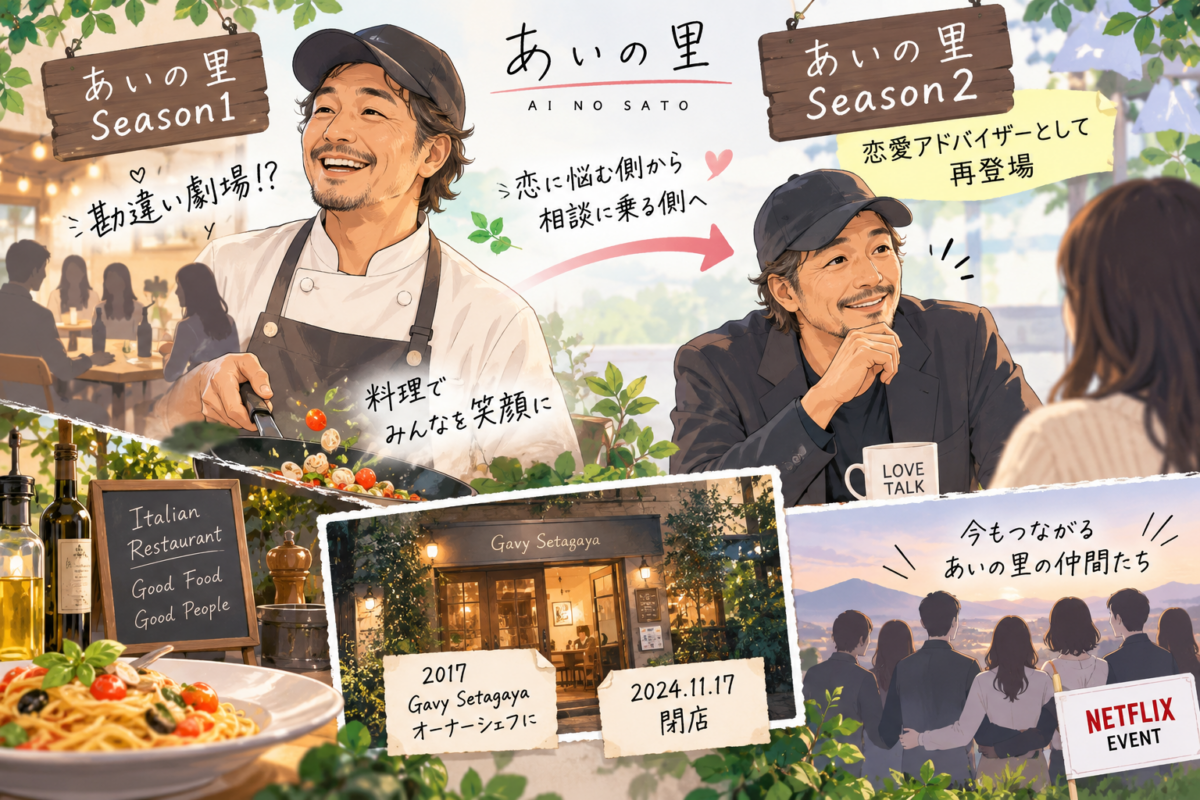 『あいの里』アンチョビ（島田正之）のその後を、料理人から恋愛アドバイザーへの変化、Gavy Setagaya閉店、歴代メンバーとの交流でまとめたイラスト