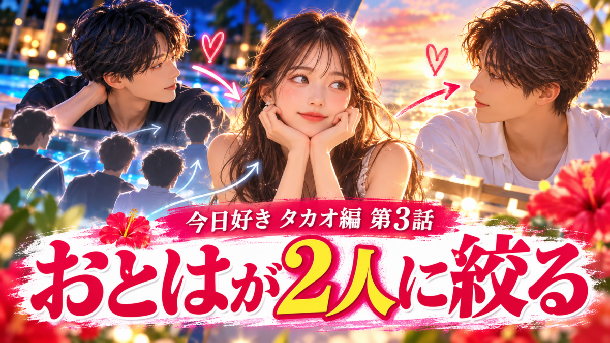 『今日好き』タカオ編第3話で、おとはの恋の候補が2人に絞られる展開を、女性を挟む2人の男性と恋の矢印で示したイラスト