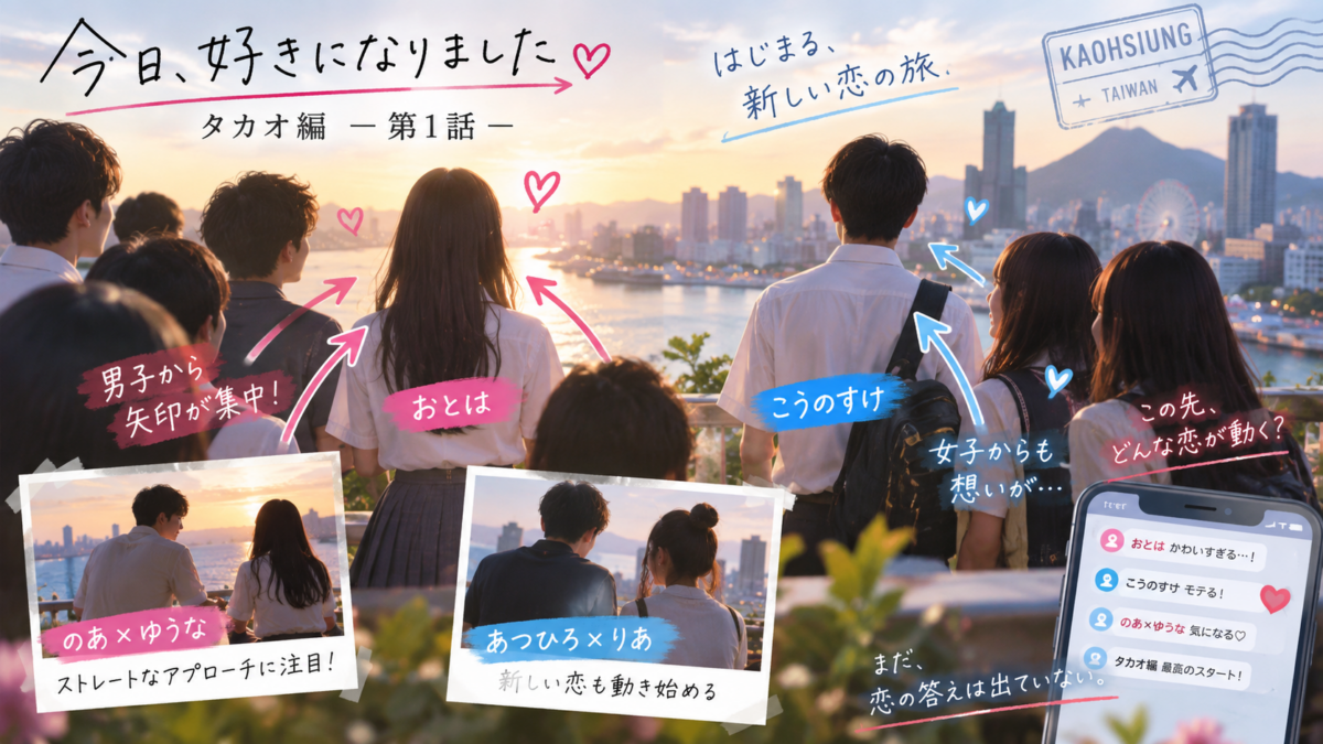 『今日、好きになりました。タカオ編』第1話で、おとは側に男子、こうのすけ側に女子から矢印が集まる恋愛相関を示したビジュアル