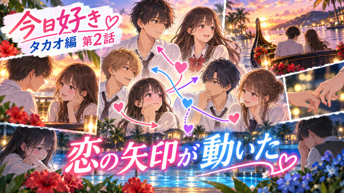 『今日、好きになりました。タカオ編』第2話で恋の矢印が動く様子を、複数の男女と関係線、ゴンドラやナイトプールで描いた構成