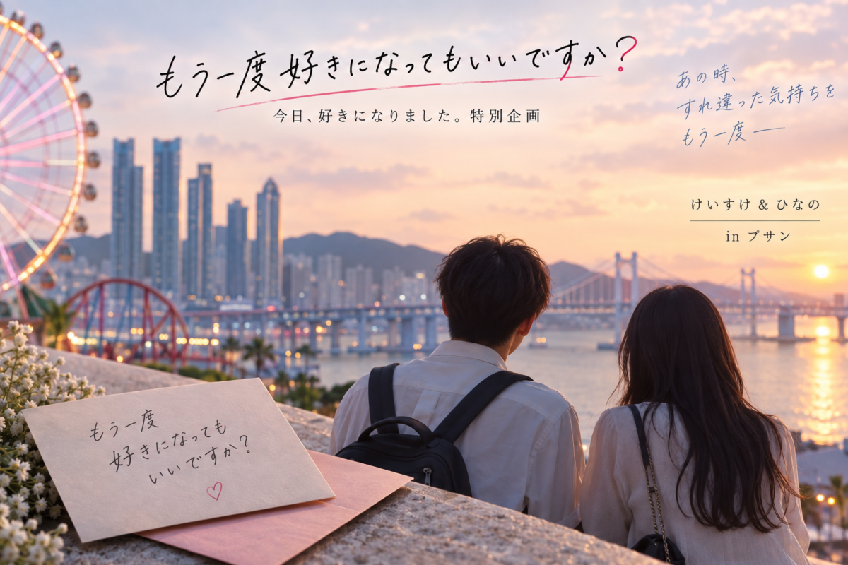『もう一度好きになってもいいですか？』けいすけ＆ひなの編で、夕暮れのプサンを望む男女の後ろ姿と観覧車、手紙で再会後の揺れる距離感を示した構図