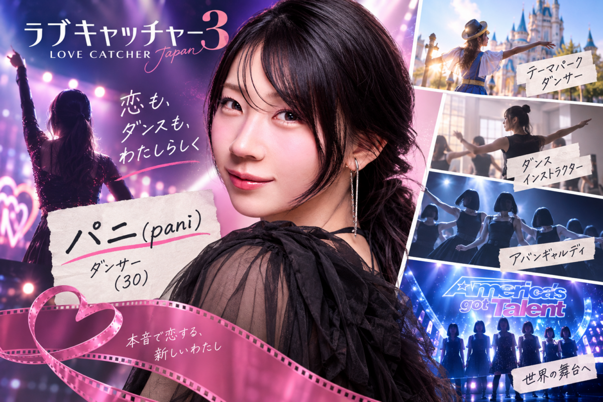 『ラブキャッチャージャパン3』パニ（pani）の肖像と、テーマパークダンサーからアバンギャルディ、世界舞台へ進んだ経歴を示すコラージュ