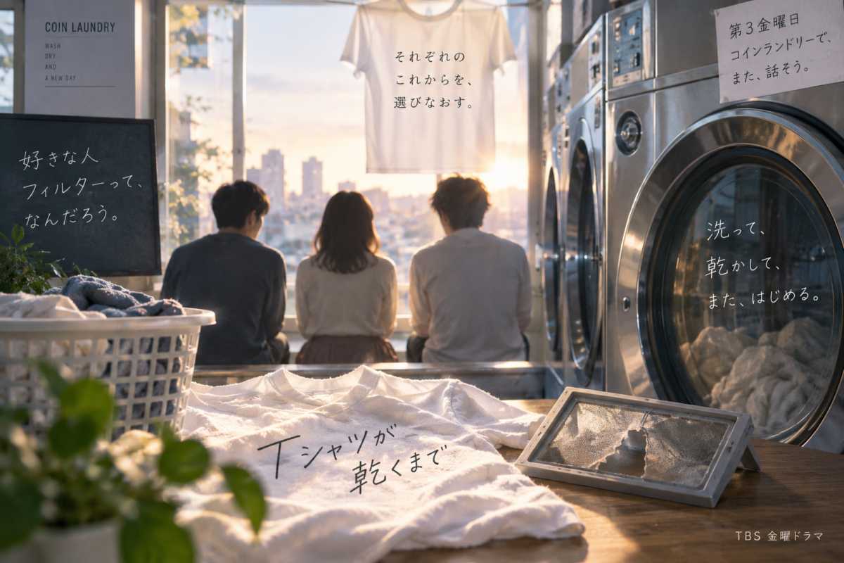 『Tシャツが乾くまで』最終回を題材に、夕暮れのコインランドリーで並ぶ3人の後ろ姿とTシャツ、洗濯機、破れた乾燥フィルターを配置した構図