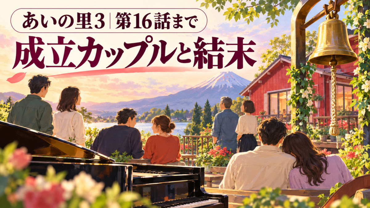 『あいの里3』第16話までの成立カップルと結末を扱う、富士山と赤い家を背景に男女や鐘、グランドピアノを描いたイラスト。