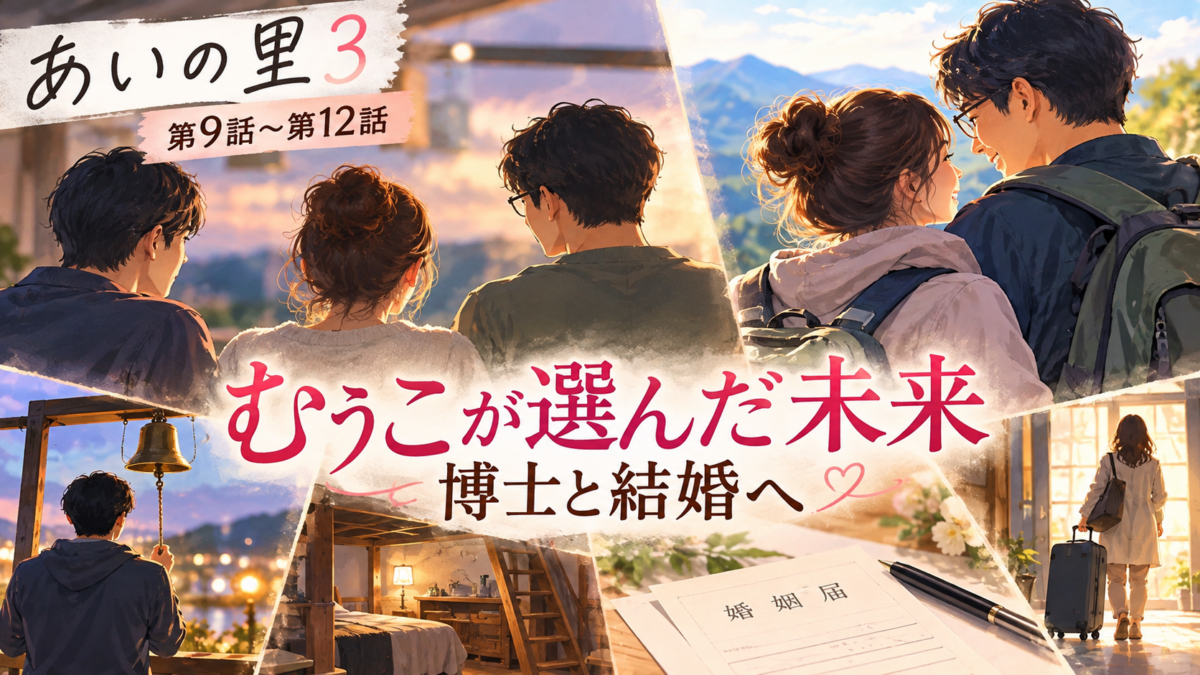 『あいの里3』第9〜12話のむぅこの選択と博士との結婚を、三角関係の抽象人物、あいの鐘、婚姻届で象徴したイラスト