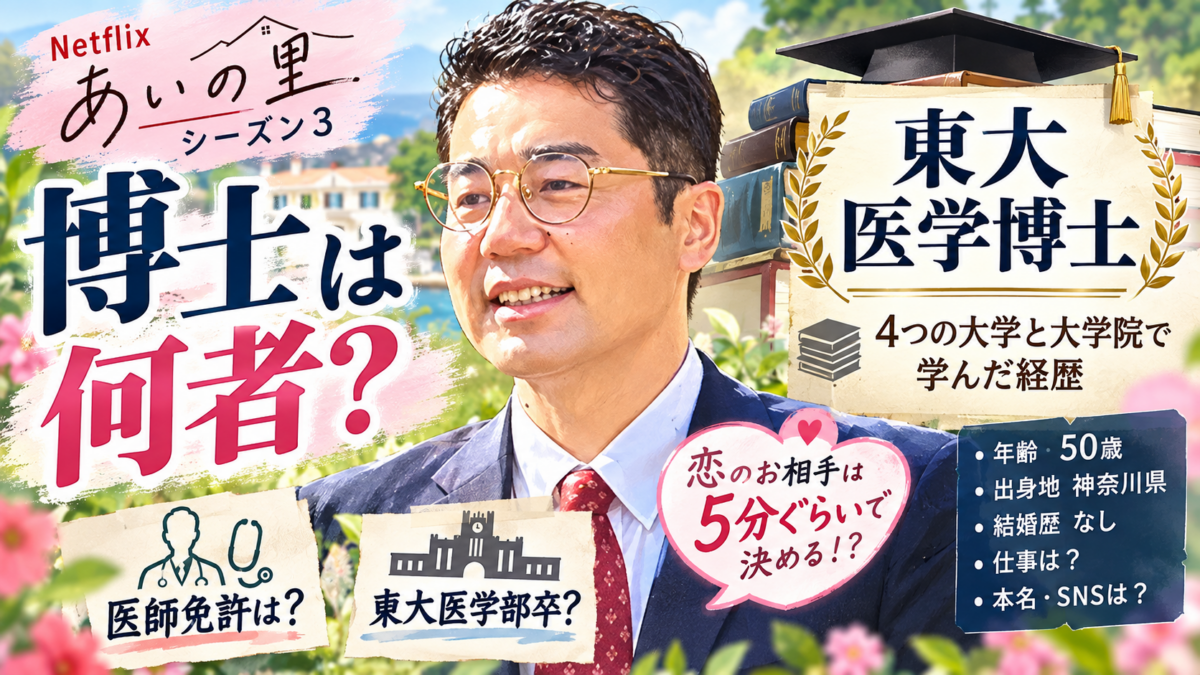 『あいの里』シーズン3の博士と、東大医学博士・4つの大学と大学院の経歴、医師免許や仕事への疑問を示した人物ビジュアル