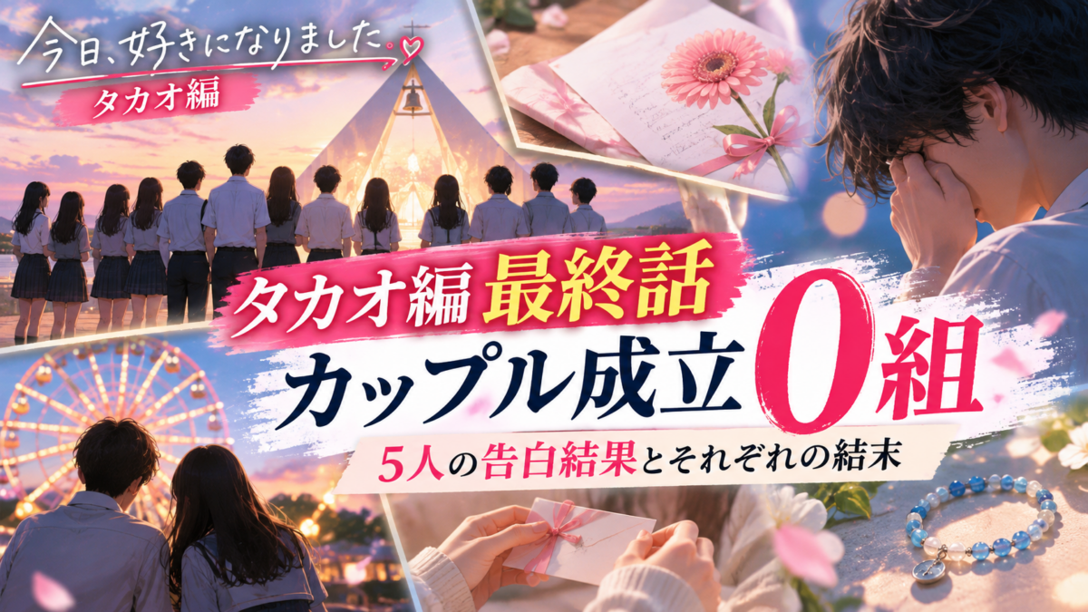 『今日、好きになりました。タカオ編』最終話のカップル成立0組と5人の告白結果を、チャペルに向かう高校生たちの後ろ姿や手紙、涙を流す少年で示したイラスト