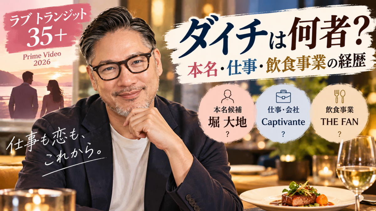 『ラブ トランジット35+』ダイチの人物イラストと、本名候補の堀大地、仕事・会社Captivante、飲食事業THE FANを紹介するビジュアル