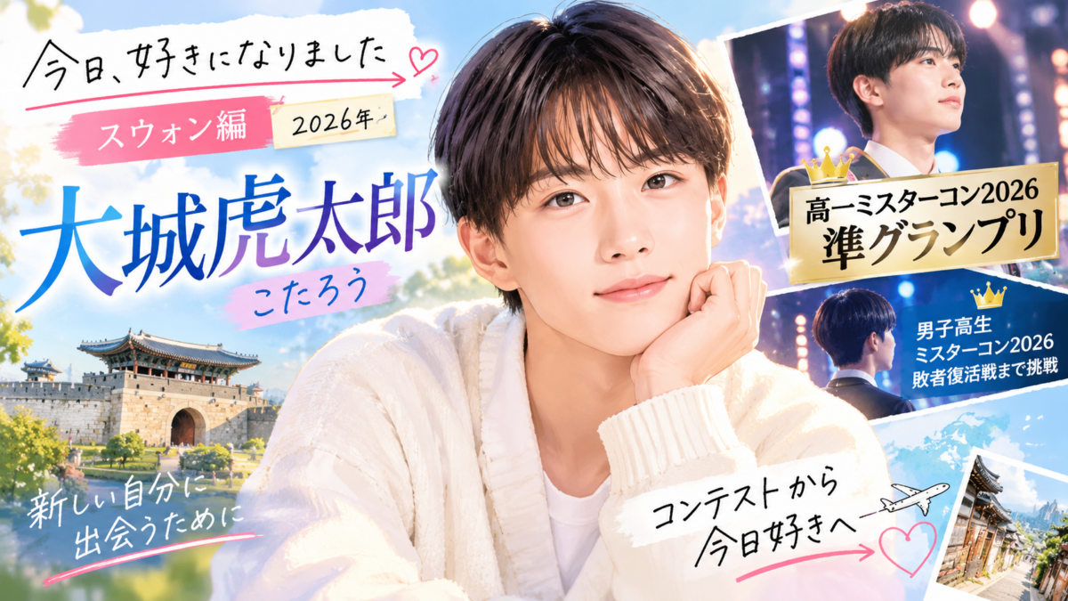 『今日好き』スウォン編・大城虎太郎（こたろう）の高一ミスターコン2026準グランプリ受賞と本戦への再挑戦を、人物イラストやステージ、韓国の街並みで描いたビジュアル